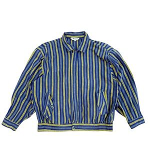 Action Vintage Striped Bomber Jacket Blue Yellow Zip Front Collared Mens Size M